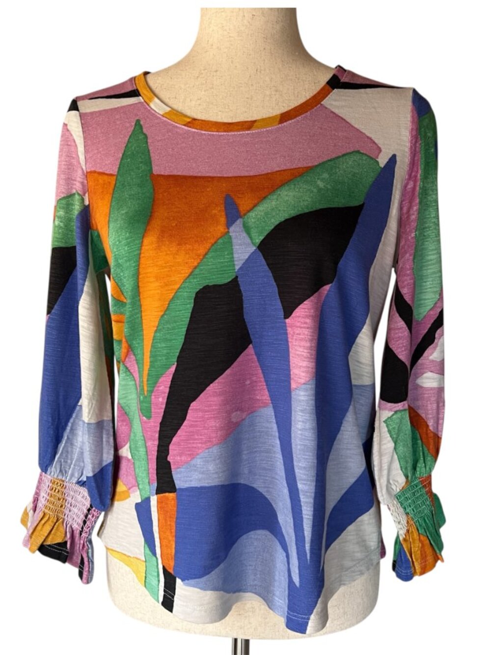 Chico's Slub Top Small Abstract Print 3/4 Sleeve Round Neck Art To Wear NWT